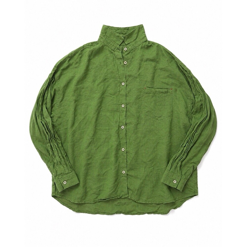 Green 100% Ramie Button Shirt Japanese Label Pleated Sleeve One Size F 水沐良品